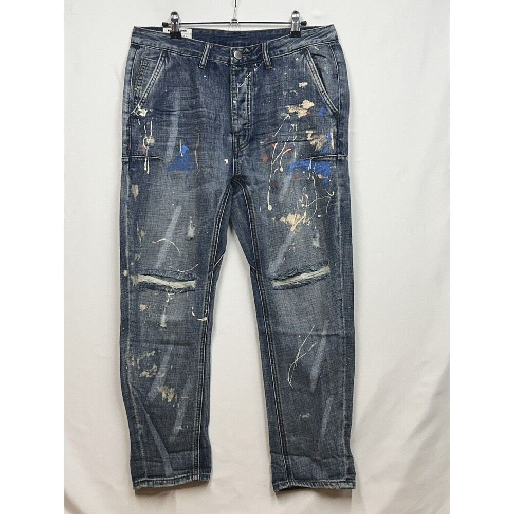 NWT Man X One Teaspoon 32R Mr Browns Blue Suede Paint Splatter Distressed Jeans